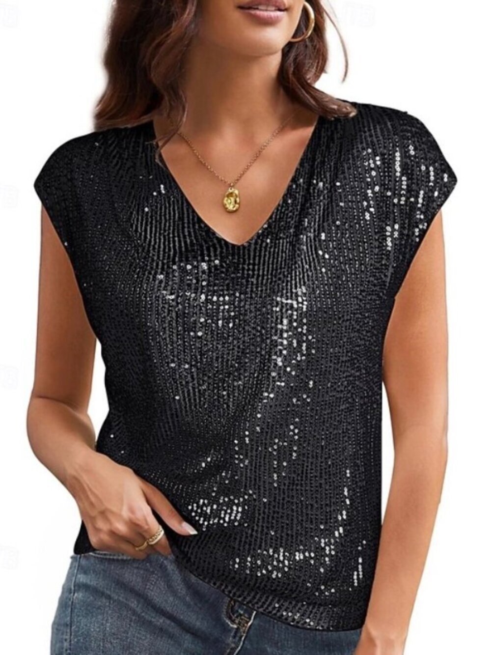 Grace Karin Black Sequin Blouse Casual Evening Party Size 2XL
